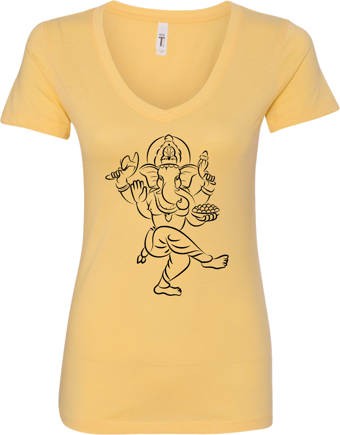 Womens Yoga T-shirt Sketch Ganesha Black Print Blended V-neck